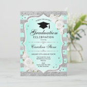 Geslaagd Party Uitnodiging - Zilver Turquoise (Staand voorkant)