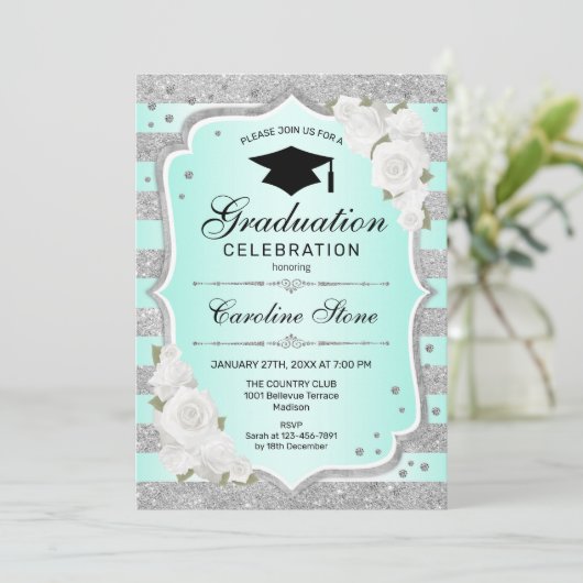 Geslaagd Party Uitnodiging - Zilver Turquoise (Staand voorkant)