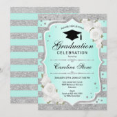 Geslaagd Party Uitnodiging - Zilver Turquoise (Voorkant / Achterkant)