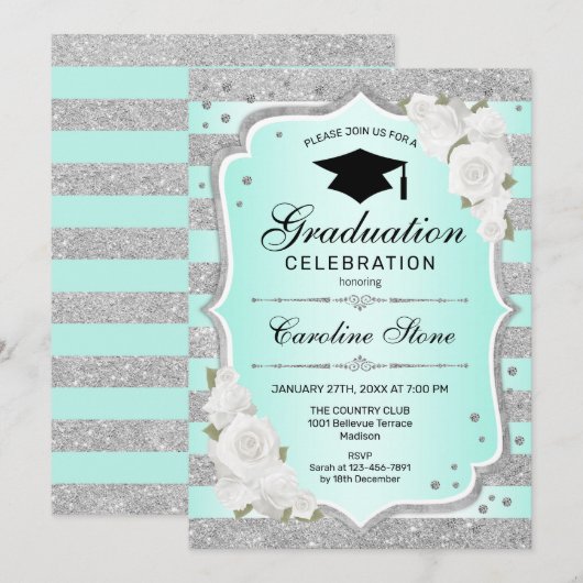 Geslaagd Party Uitnodiging - Zilver Turquoise (Voorkant / Achterkant)