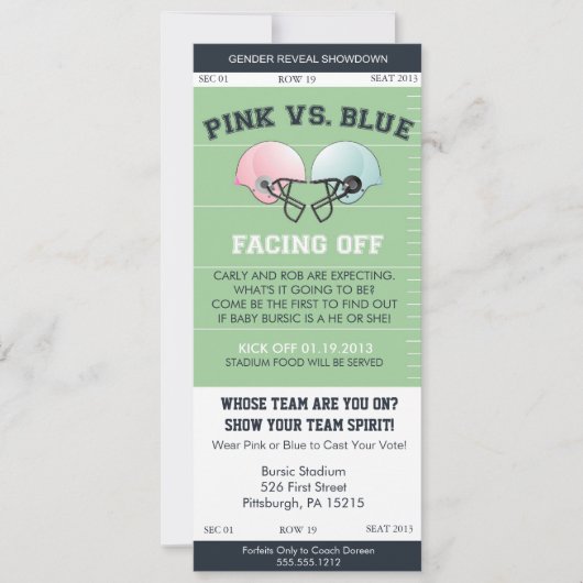 Geslacht Football Ticket Baby shower Invitati Kaart (Voorkant)