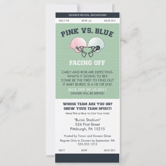 Geslacht Football Ticket Baby shower Invitati Kaart (Voorkant)