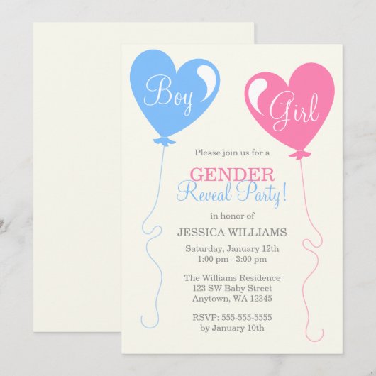 Geslacht Kunstballoons Roze Blauw Ivory Kaart (Voorkant / Achterkant)