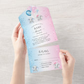 Geslacht laat baby shower blauwe roze olifanten zi all in one uitnodiging (Afscheurbaar)