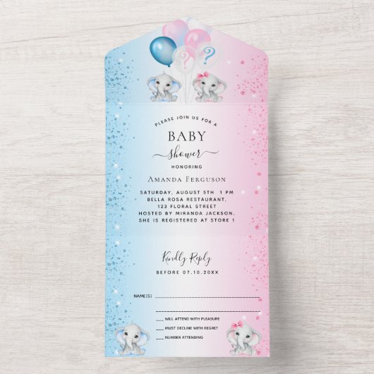Geslacht laat baby shower blauwe roze olifanten zi all in one uitnodiging (Binnen)