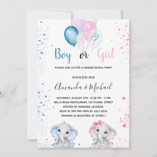 Geslacht laat baby shower olifanten blauwe roze zi kaart (Voorkant)