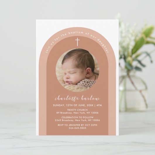 Geslacht Neutraal Boho boog kruis foto doop Kaart (Staand voorkant)