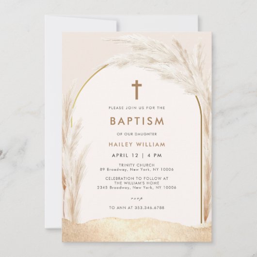 Geslacht Neutraal Boho Pampas Cross Doop Kaart (Voorkant)