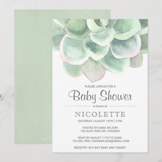 Geslacht Neutraal Sage Groen Succulent Baby shower Kaart (Voorkant / Achterkant)