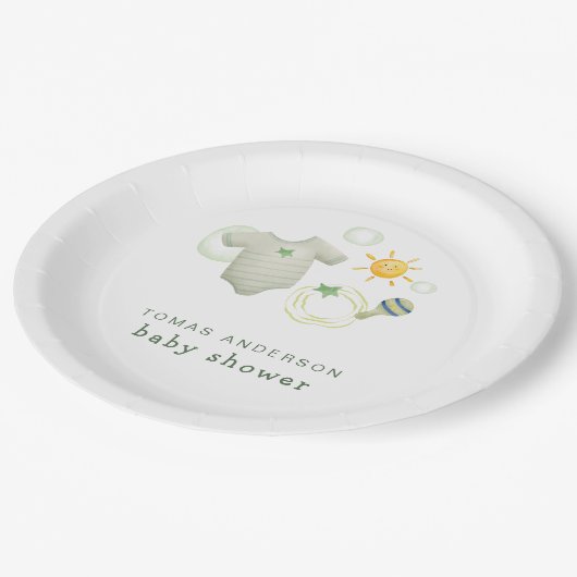 Geslacht Neutraal Sage Groene Babykleding Speelgoe Papieren Bordje (Gekanteld)