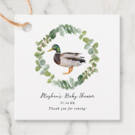 Geslacht neutrale baby shower met wilde eend bedankjes labels