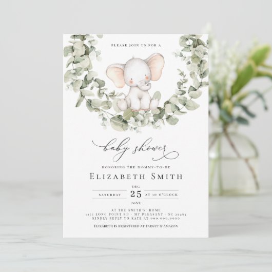 Geslacht Neutrale Eucalyptus Elephant Baby shower Kaart (Staand voorkant)