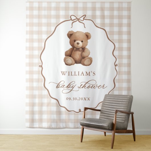 Geslacht Neutrale Gingham Teddybeer Babyshower Wandkleed (In situ)