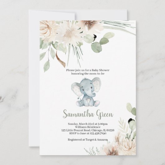 Geslacht Neutrale Olifant Baby Shower Uitnodiging (Voorkant)