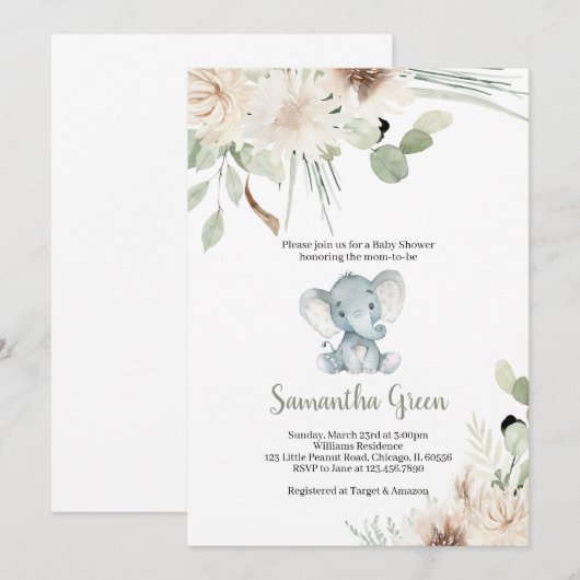 Geslacht Neutrale Olifant Baby Shower Uitnodiging (Voorkant / Achterkant)