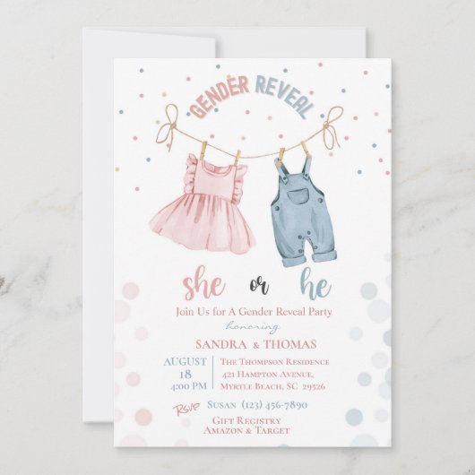 Geslacht onthullen baby kleding party uitnodiging (Voorkant)