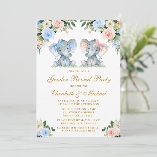 Geslacht onthullen Baby olifanten Roze Floral Gold Kaart (Staand voorkant)