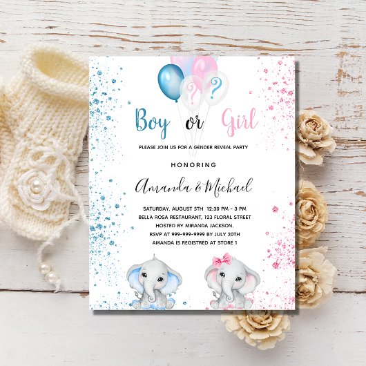 Geslacht onthullen baby shower budget uitnodiging