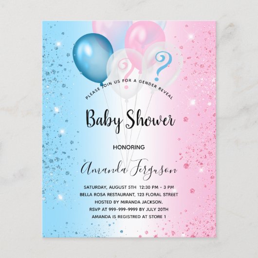 Geslacht onthullen baby shower budget uitnodiging flyer (Voorkant)