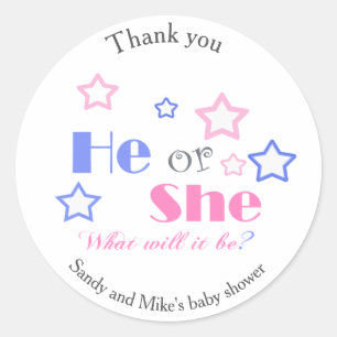 Geslacht onthullen baby shower dat hij of zij baby ronde sticker