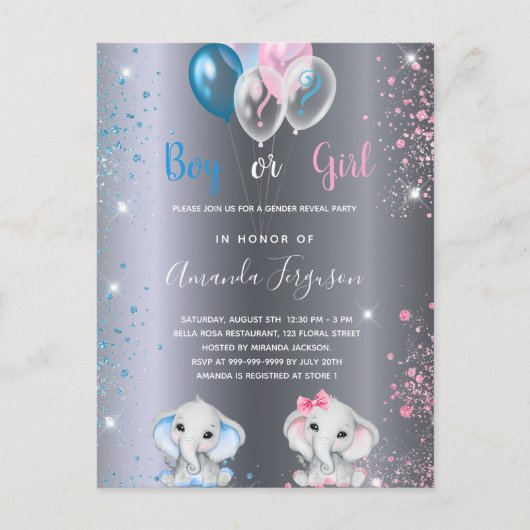 Geslacht onthullen baby shower olifant zilverglitt uitnodiging briefkaart (Voorkant)