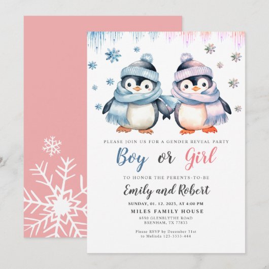 Geslacht onthullen Baby shower pinguïnuitnodiging Kaart (Voorkant / Achterkant)