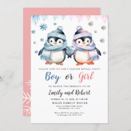 Geslacht onthullen Baby shower pinguïnuitnodiging Kaart