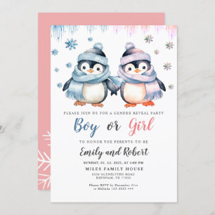 Geslacht onthullen Baby shower pinguïnuitnodiging Kaart
