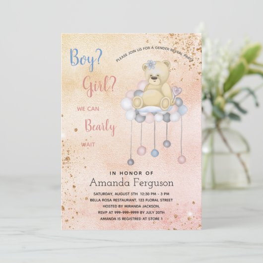 Geslacht onthullen baby shower tedy beer girl kaart (Staand voorkant)