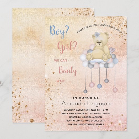 Geslacht onthullen baby shower tedy beer girl kaart (Voorkant / Achterkant)