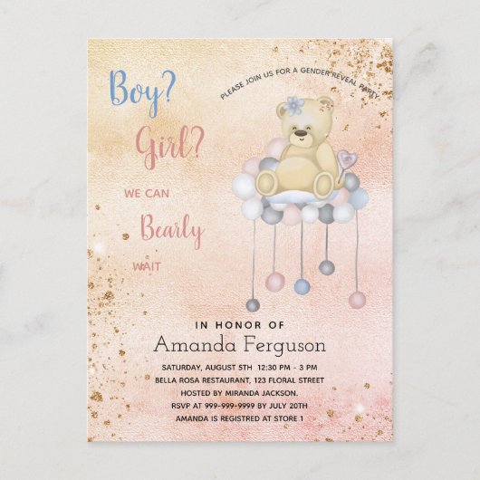 Geslacht onthullen baby shower tedy beer girl uitnodiging briefkaart (Voorkant)