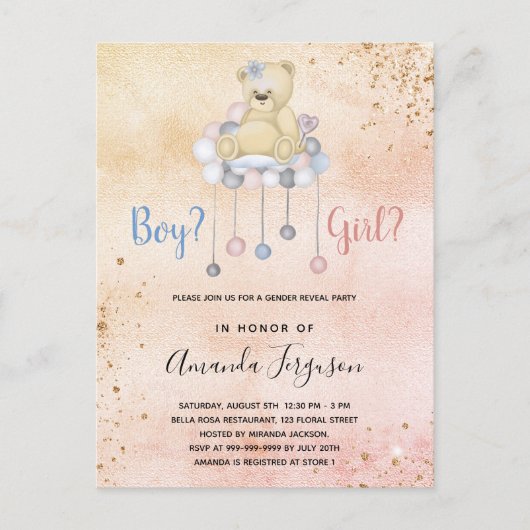 Geslacht onthullen baby shower tedy beer girl uitnodiging briefkaart (Voorkant)