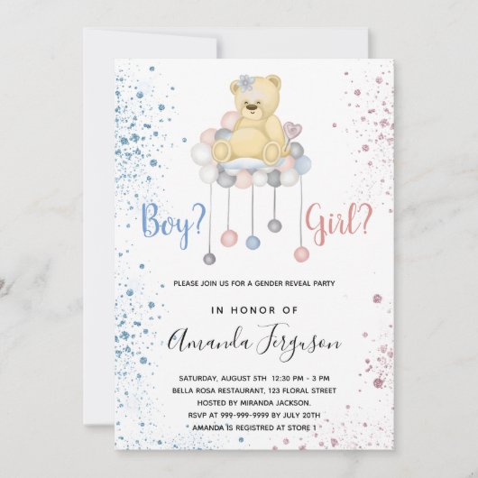 Geslacht onthullen baby shower tedy blauwe roze kaart (Voorkant)