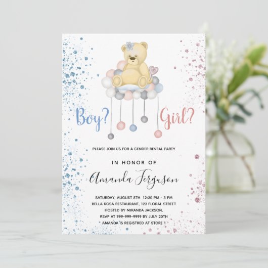 Geslacht onthullen baby shower tedy blauwe roze kaart (Staand voorkant)