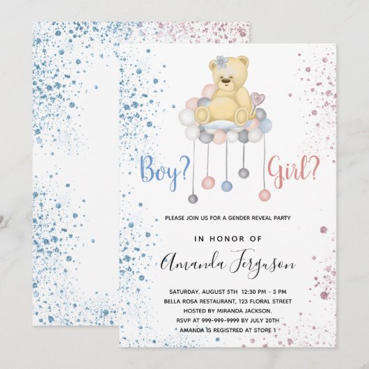 Geslacht onthullen baby shower tedy blauwe roze kaart (Voorkant / Achterkant)