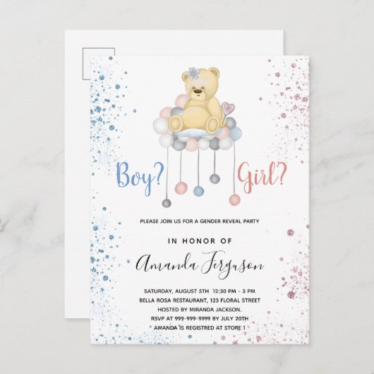 Geslacht onthullen baby shower tedy blauwe roze uitnodiging briefkaart (Voorkant / Achterkant)