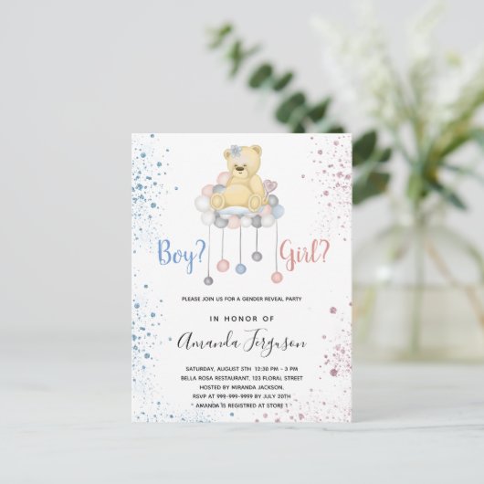 Geslacht onthullen baby shower tedy blauwe roze uitnodiging briefkaart (Staand voorkant)