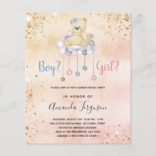 Geslacht onthullen baby shower testdy budget uitno flyer (Voorkant)