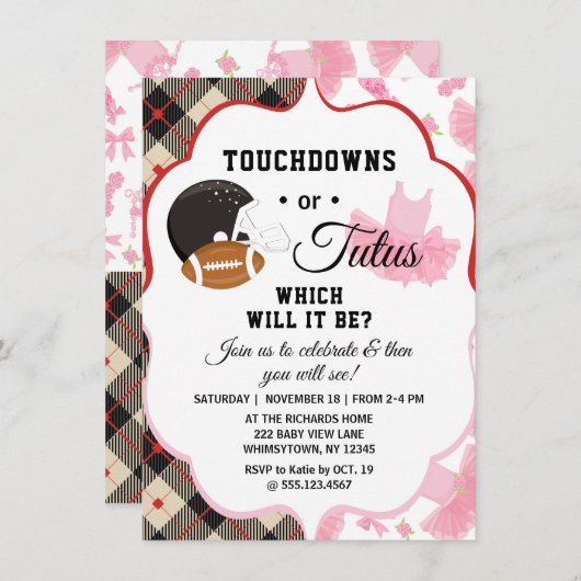 Geslacht onthullen Baby shower touchdowns of tutus Kaart (Voorkant / Achterkant)