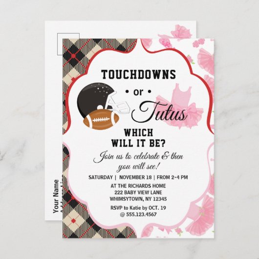 Geslacht onthullen Baby shower touchdowns of tutus Uitnodiging Briefkaart (Voorkant / Achterkant)