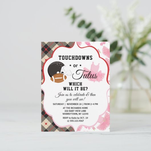 Geslacht onthullen Baby shower touchdowns of tutus Uitnodiging Briefkaart (Staand voorkant)
