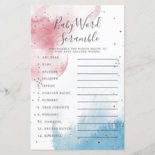 Geslacht onthullen Baby Word Scramble Game van Wat (Voorkant)