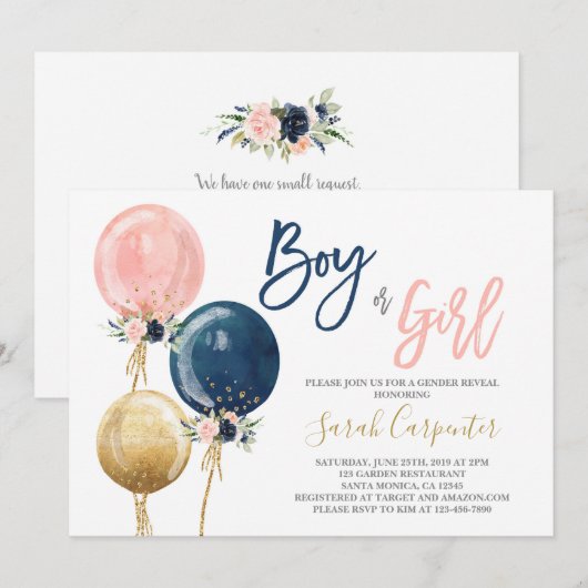 Geslacht onthullen ballonnen uitnodiging (Voorkant / Achterkant)