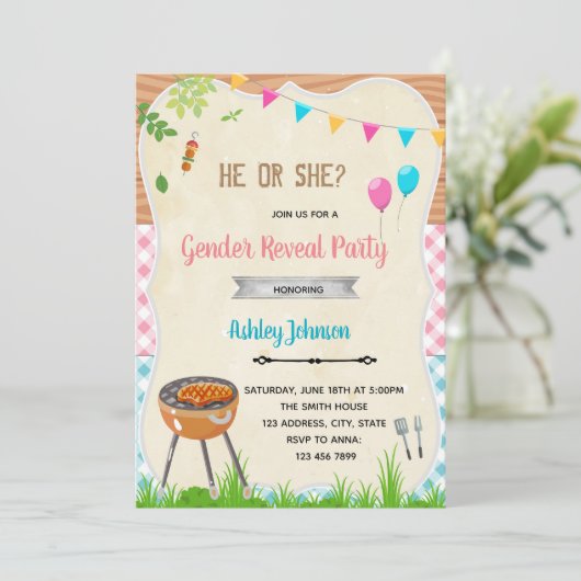 Geslacht onthullen bbq party uitnodiging (Staand voorkant)