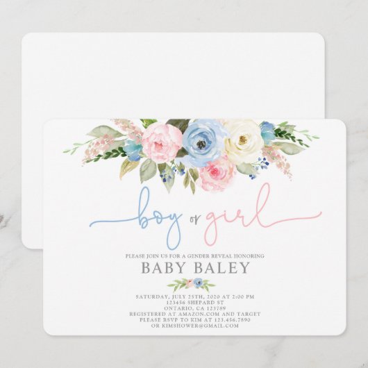 Geslacht onthullen blauw en roze bloemenbaby showe kaart (Voorkant / Achterkant)