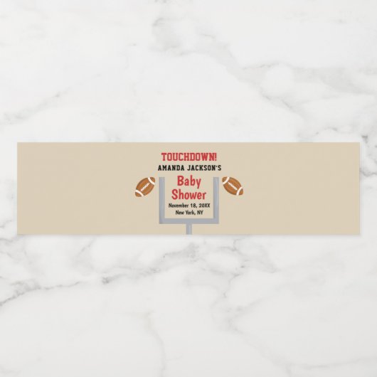 Geslacht onthullen Football Baby Boy Shower Touchd Waterfles Etiket (Enkel label)