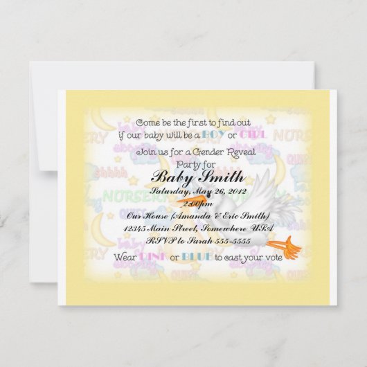 Geslacht onthullen Gele Ooievaar uitnodiging (Achterkant)