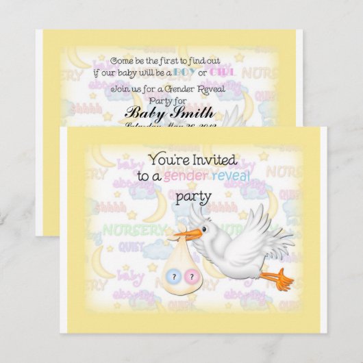 Geslacht onthullen Gele Ooievaar uitnodiging (Voorkant / Achterkant)