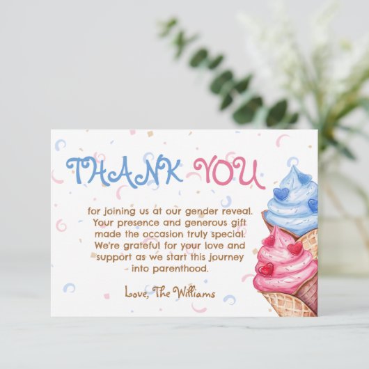Geslacht onthullen ijsje roze blauw bedankkaart (Staand voorkant)