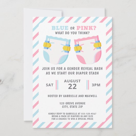 Geslacht onthullen luier stash party blauw of roze kaart (Voorkant)